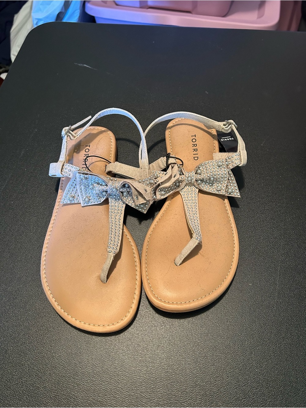 Torrid grey ish tan  bow sandals with rhinestones size 9W new